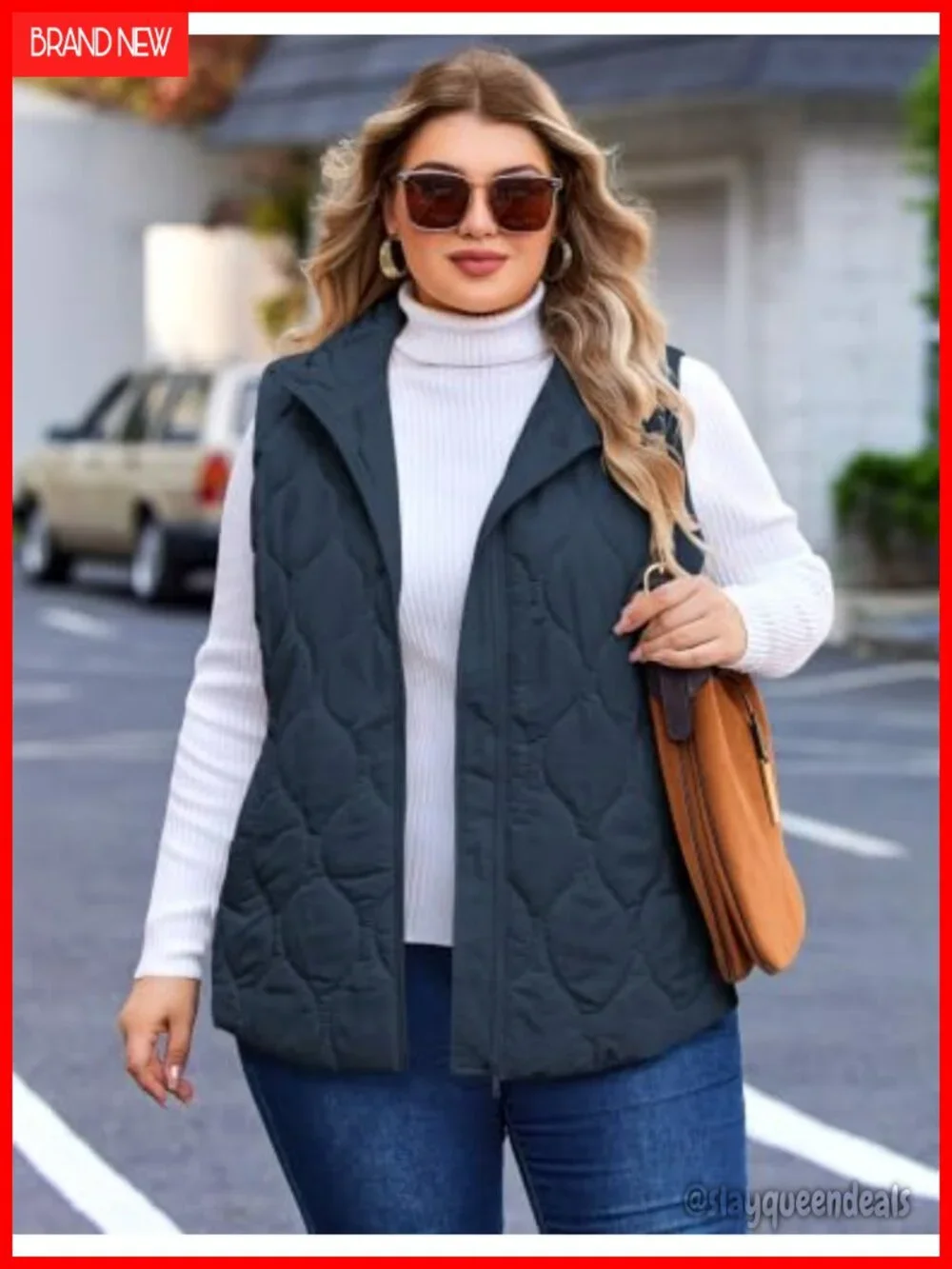 Plus Size Puffer Vest Quilted Jacket with Pockets Stand Collar Zip Up